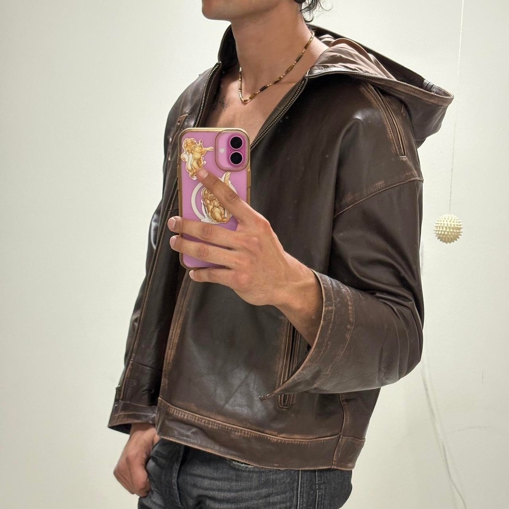 Rouxa Dark Brown Leather Jacket Hoodie
